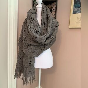 Chunky knit Gray Open Weave Fringe Wrap Scarf metallic thread boho Italian
